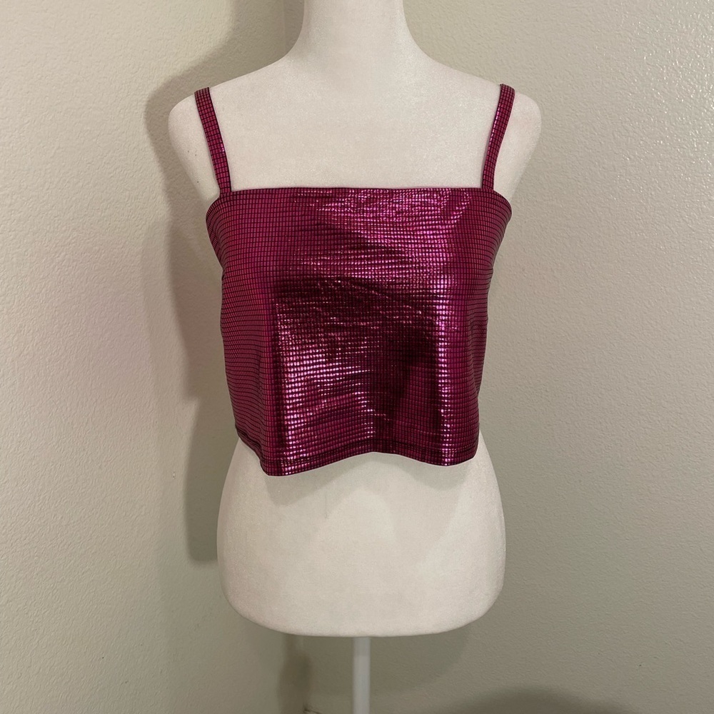 NWT Women’s M Medium  FORE Collection Disco Crop Top Shimmer Pink Black​​​​​​​